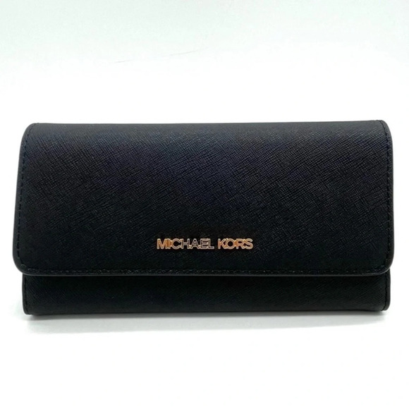 Michael Kors Large Trifold Wallet Black/Gold - Picture 3 of 8